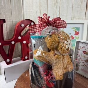 Valentines Gift Basket with Teddy Bear and Tumbler.